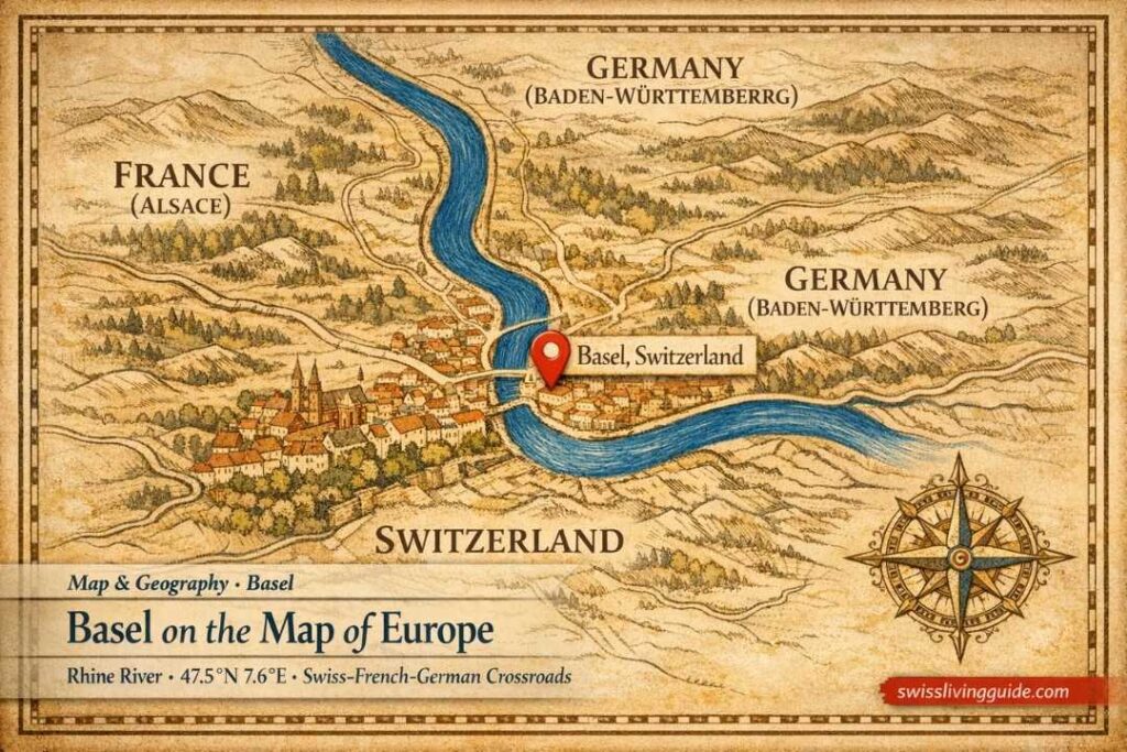 Vintage cartographic map illustration of the tri-national region