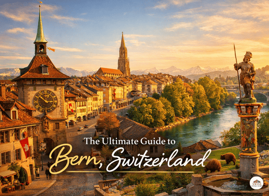 Panoramic view of Bern Old Town with Zytglogge clock tower, Aare River, medieval architecture, and Swiss Alps in warm golden sunset light