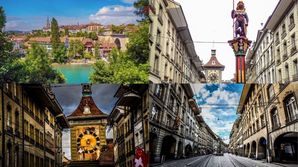 Bern Old Town cobblestone streets with sandstone arcades, Zytglogge clock tower, medieval fountains, and Bear Park along the Aare River in warm afternoon light