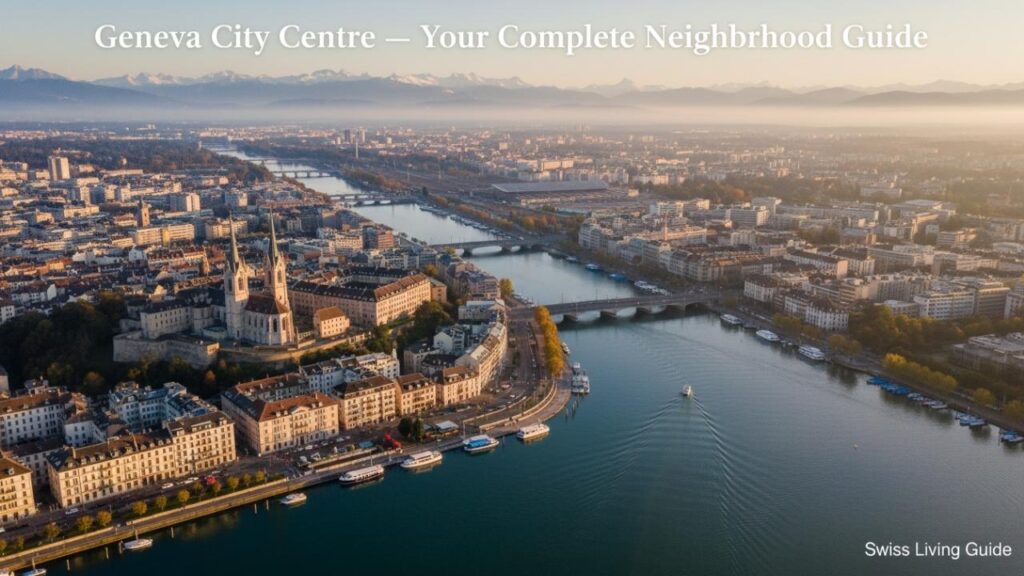 Aerial view of Geneva city centre showing the Rhône river, Old Town on the left bank, and Lake Geneva at the edge of the city