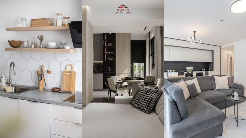 Cozy apartment-style living space in Bern with open kitchen, comfortable sofa, and work-from-home setup in natural light