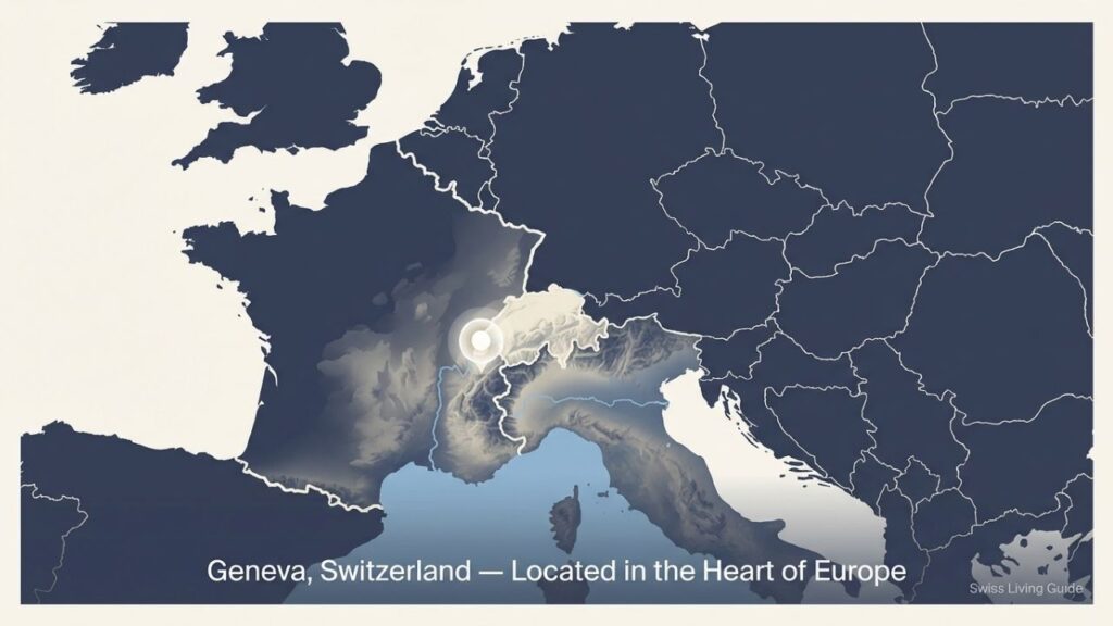 Map showing where Geneva is located in Europe, at the southwestern tip of Switzerland near the French border and Lake Geneva