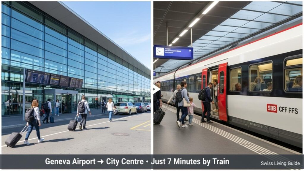 Geneva Airport exterior and train station connection showing the 7-minute direct train route to Geneva city centre