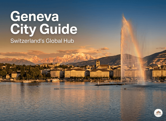 A panoramic view of Geneva, Switzerland, at golden hour, featuring the iconic Jet d'Eau fountain with a faint rainbow in the mist, elegant waterfront buildings, and snow-capped mountains. A text overlay reads: "Geneva City Guide: Switzerland's Global Hub."
