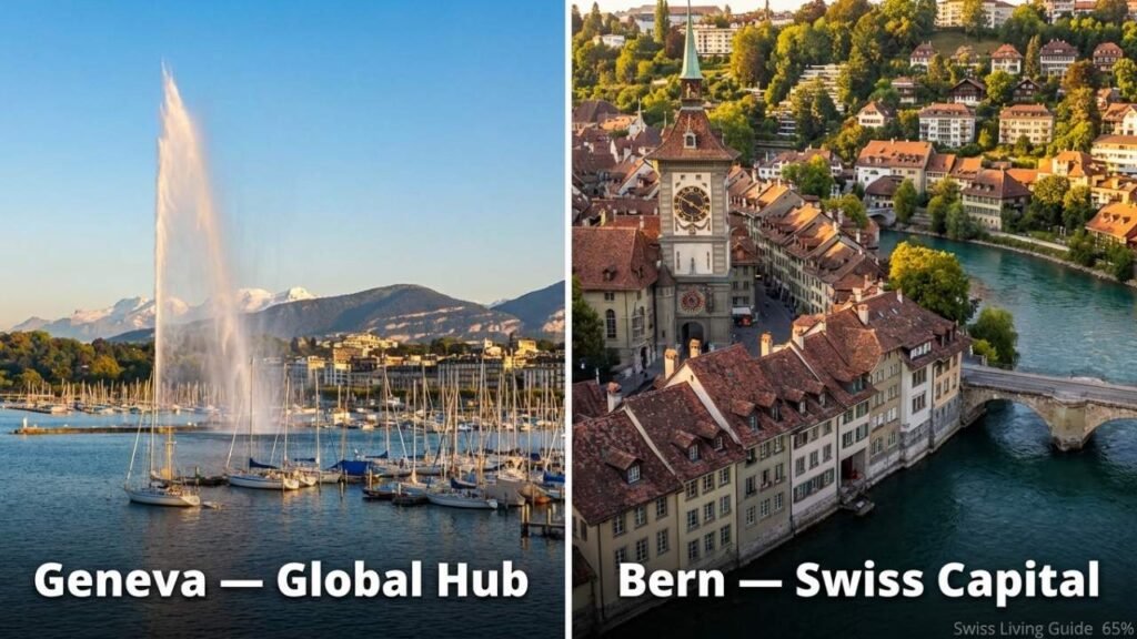 Split image comparing Geneva city skyline with Jet d'Eau and Bern's medieval old town — Geneva is Switzerland's global hub while Bern is the official Swiss capital