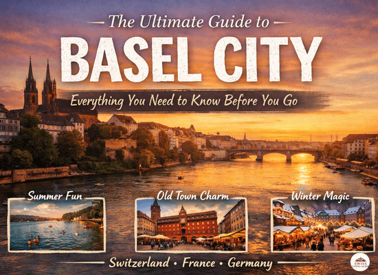 Basel city skyline at sunset with the Rhine River, Basel Minster, and seasonal travel highlights of summer, old town, and winter markets