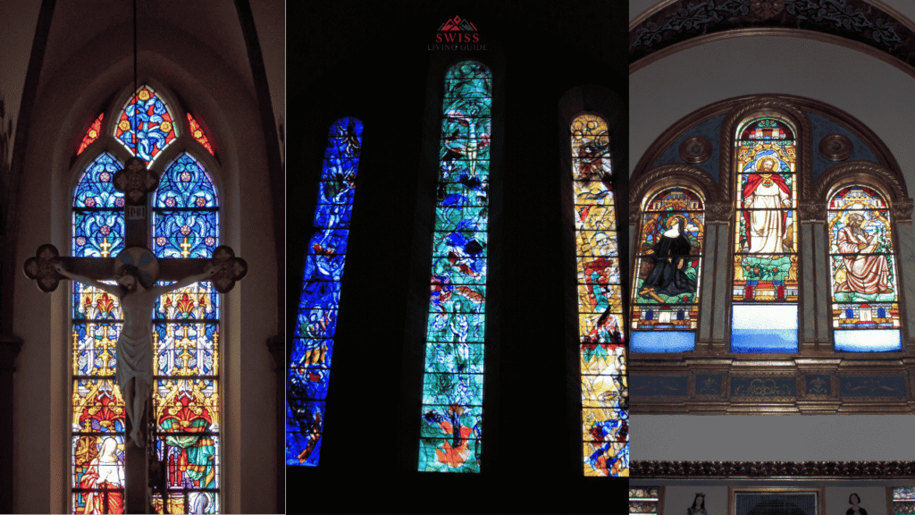 Interior of Fraumünster Church in Zurich with vibrant Marc Chagall stained glass windows.