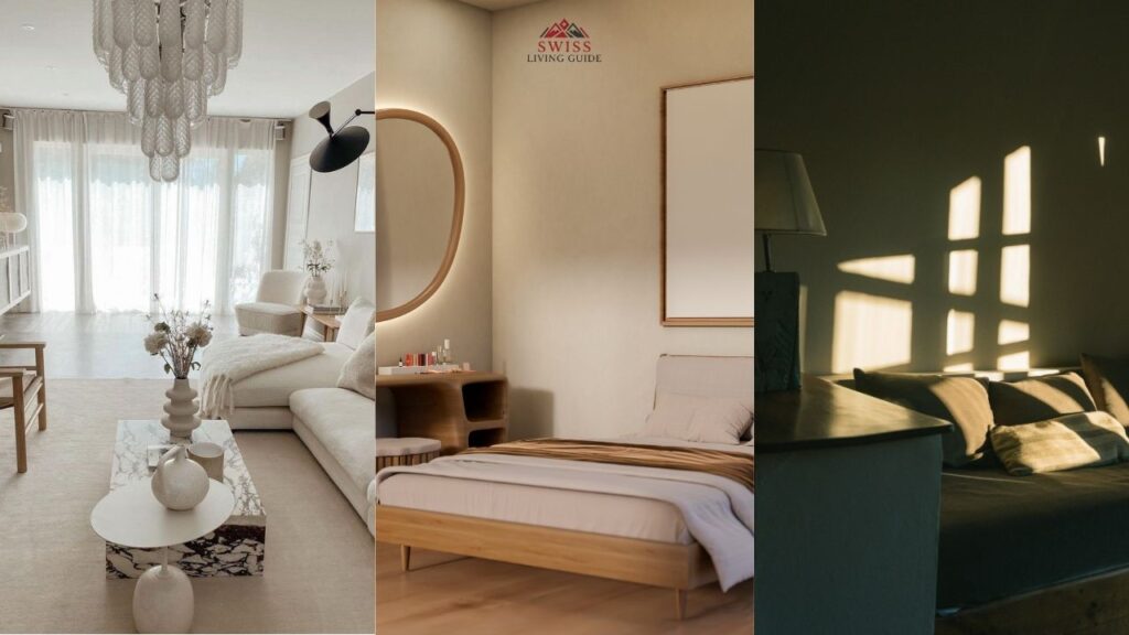 Modern minimalist hotel room in Bern with warm lighting, neutral tones, and Scandinavian-style interior design with kitchenette