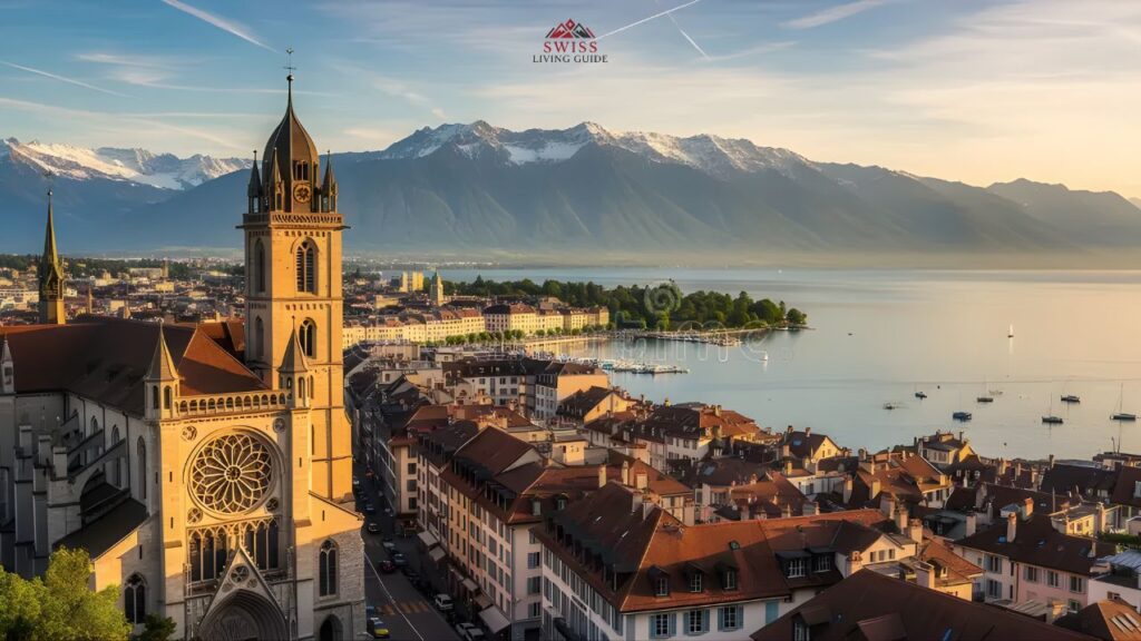Panoramic view of Geneva with Lake Geneva, Jet d’Eau, and Alps at sunset from Jetée des Pâquis