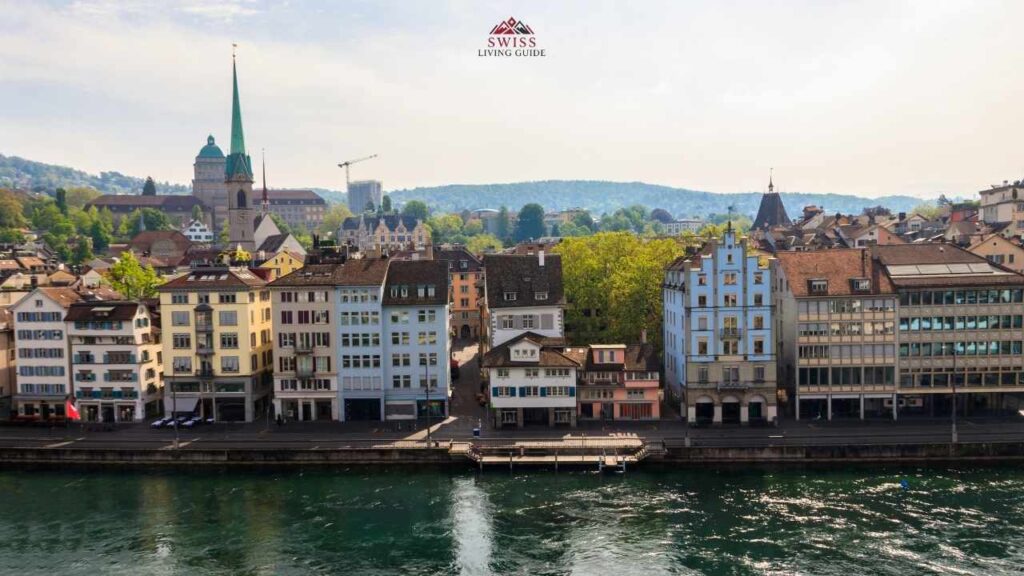 Panoramic view of Zurich Old Town and the Limmat River from Lindenhof hill.