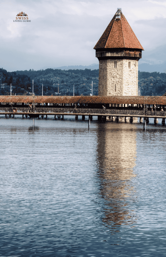 Scenic view of Lucerne, Switzerland with the famous Chapel Bridge and surrounding Alps