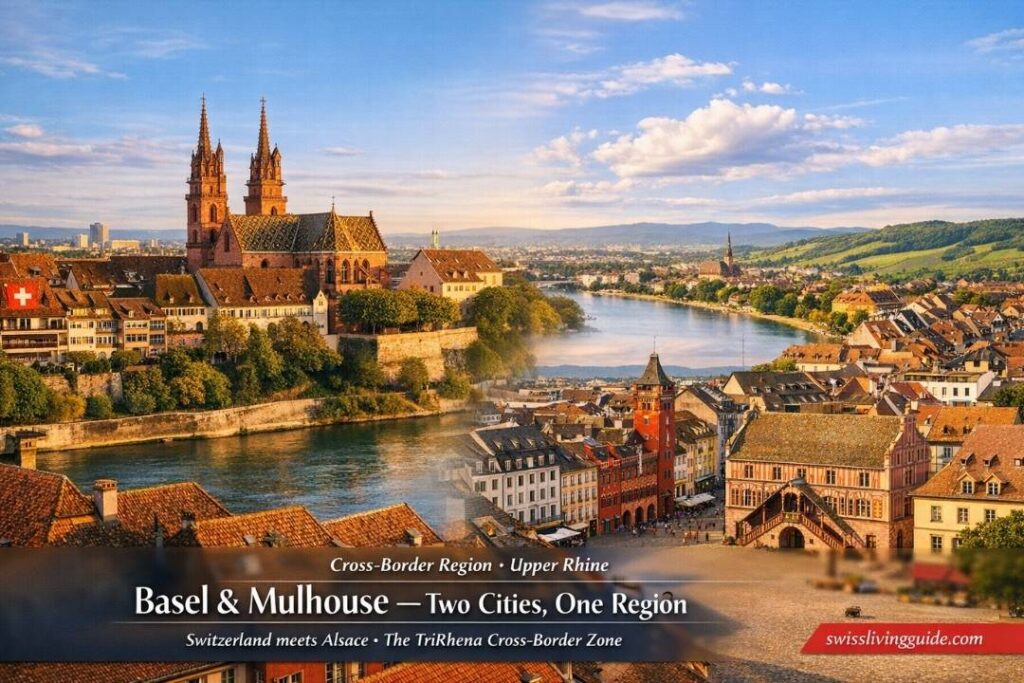 Split-panorama of Basel (left) and Mulhouse, France (right)