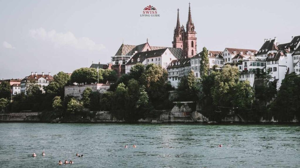 Split seasonal view of Basel showing summer river swimming and winter Christmas market at Marktplatz