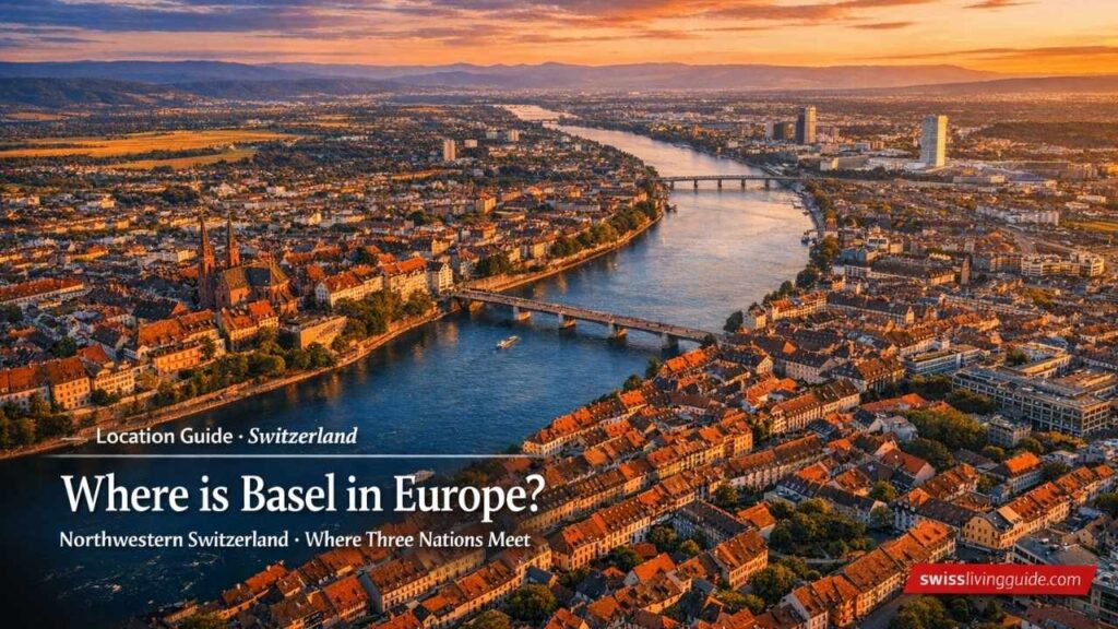 Aerial golden-hour drone shot of Basel & the Rhine bend
