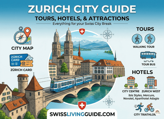 Illustrated Zurich City Guide infographic showing top attractions like the Grossmünster and a city tram, alongside icons for the Zürich Card, walking and bus tours, hotels in the city center and Zurich West, and the Zurich City Triathlon.