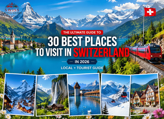 Collage of Switzerland featuring Matterhorn, alpine lake, red train, waterfalls, and scenic villages
