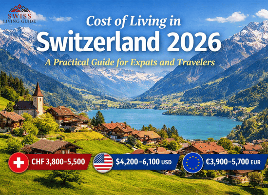 Cost of living in Switzerland 2026 showing Swiss Alps village with monthly expenses in CHF USD and EUR