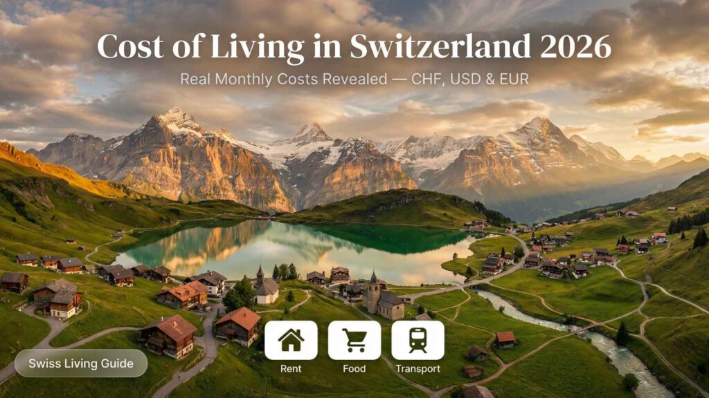 cost of living in switzerland 2026 — swiss alps village with monthly cost overview in chf usd and eur