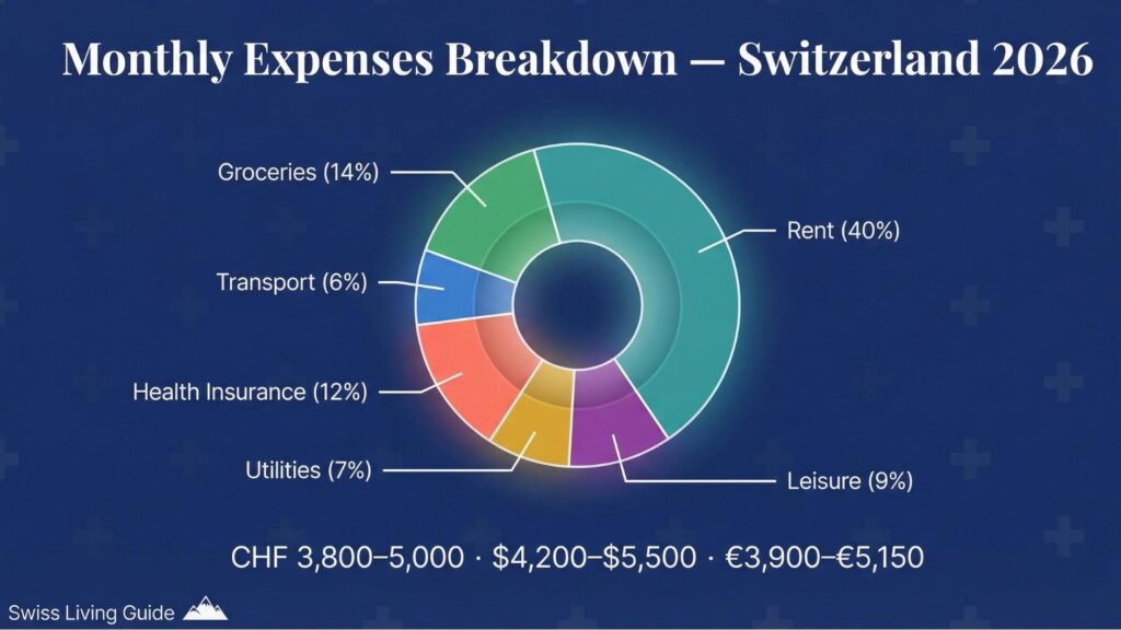 switzerland living cost per month breakdown chart showing rent food transport health insurance and utilities in chf