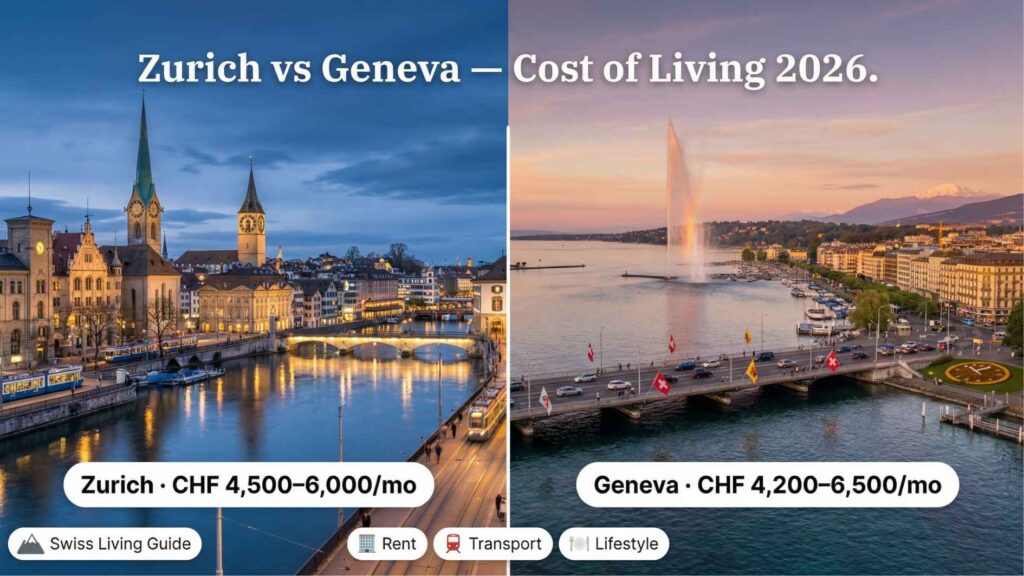 cost of living in zurich switzerland vs geneva split cityscape comparison showing monthly expenses for expats in 2026