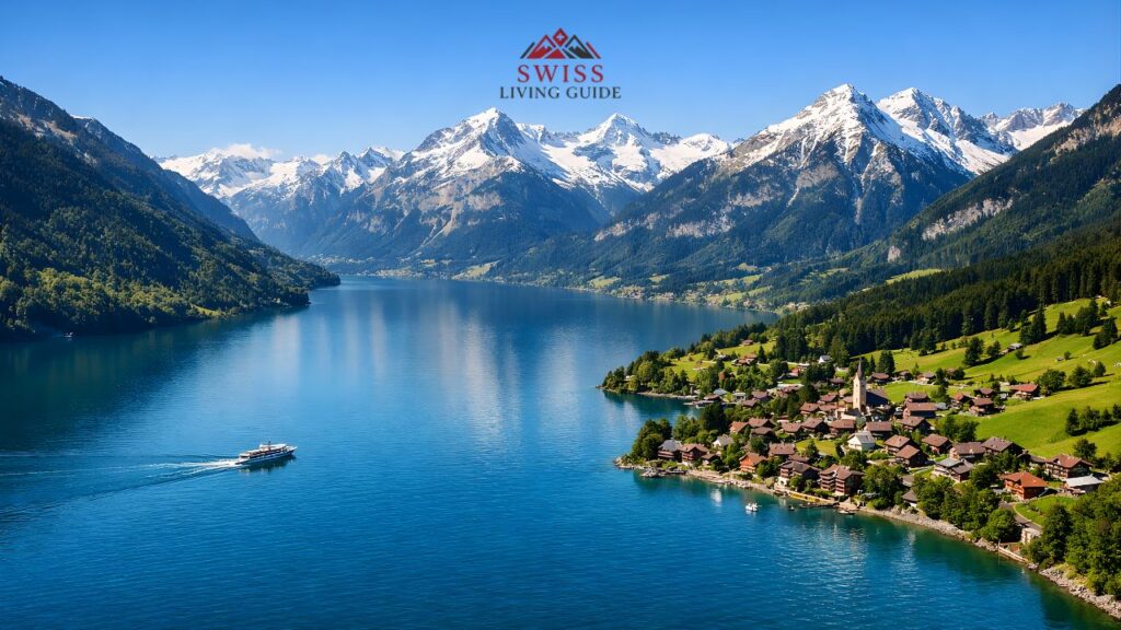 Scenic Swiss lake surrounded by mountains, forests, and clear blue skies