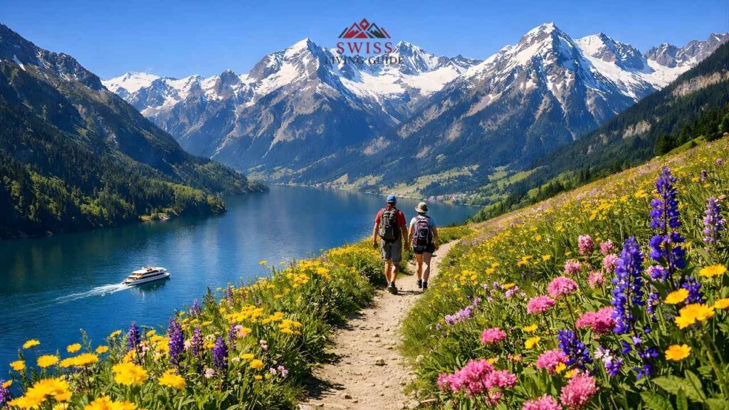 Alpine hiking trail with colorful wildflowers and snow-capped mountains in summer