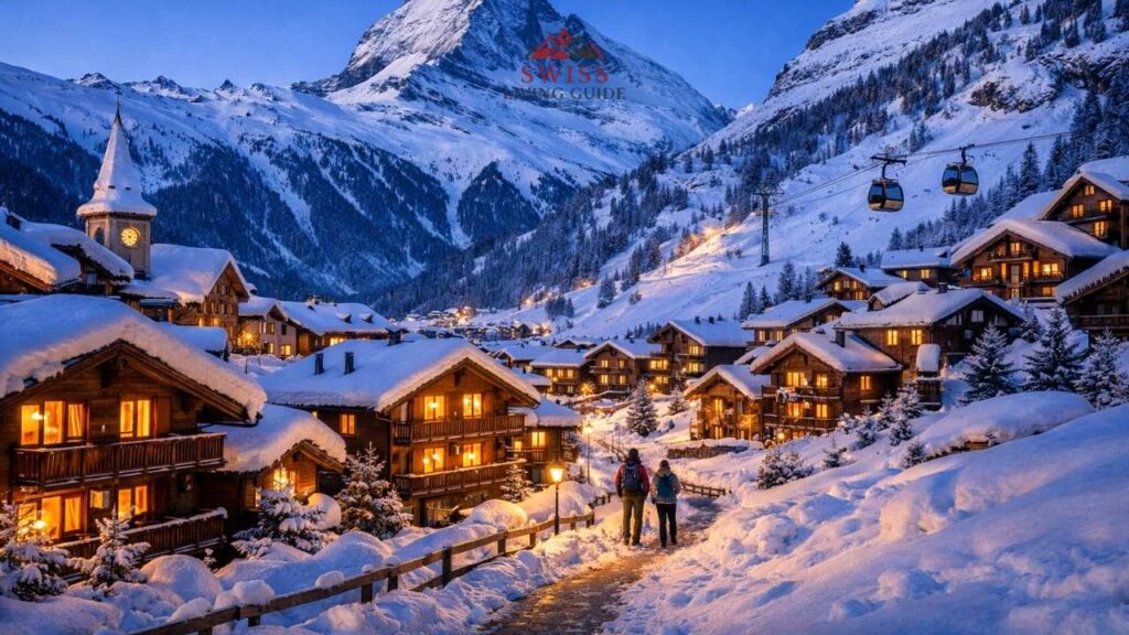 Snow-covered Zermatt village with cozy chalets and Matterhorn mountain backdrop