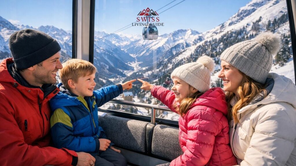 Family enjoying a cable car ride with panoramic Swiss Alps mountain views