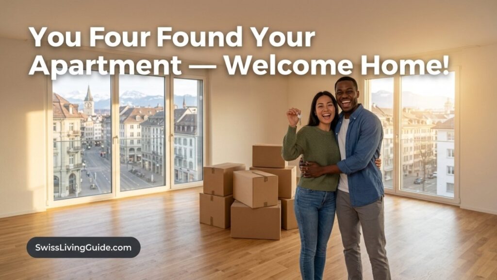happy expat couple moving into new Swiss apartment holding keys and boxes