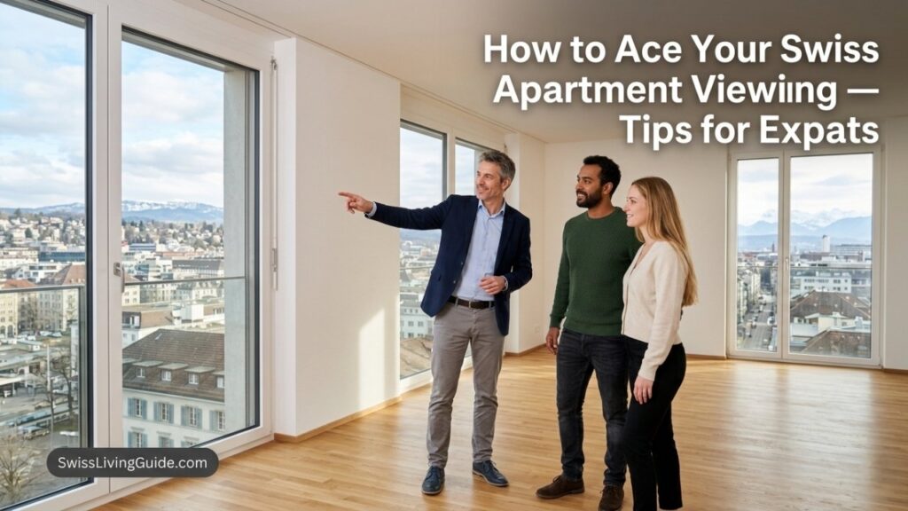 expat couple viewing apartment with Swiss real estate agent in modern flat