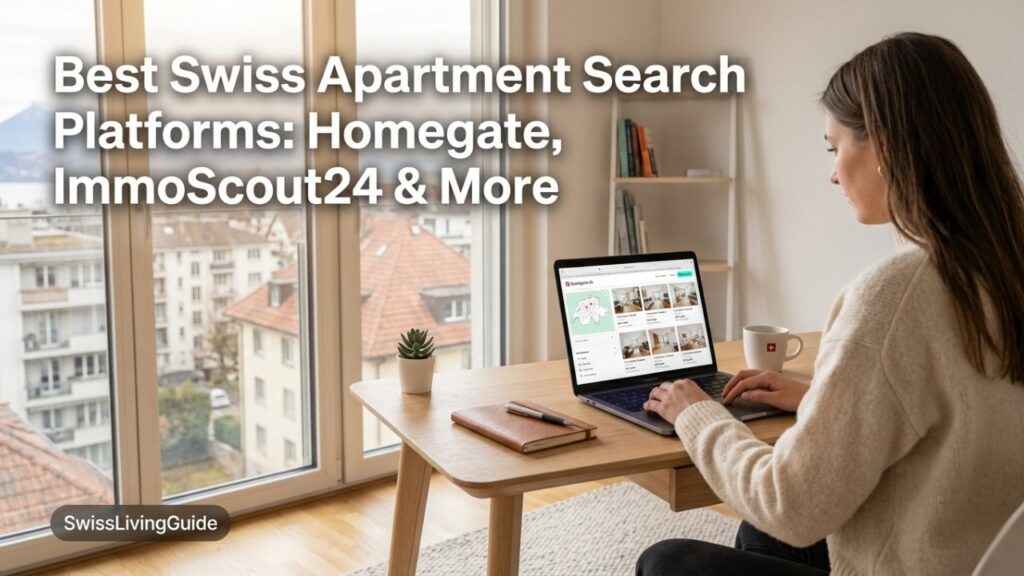woman searching Swiss apartments online using Homegate and ImmoScout24 on laptop