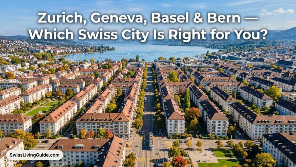 aerial view of Swiss neighbourhood with apartments trees and lake in Zurich Geneva Basel Bern