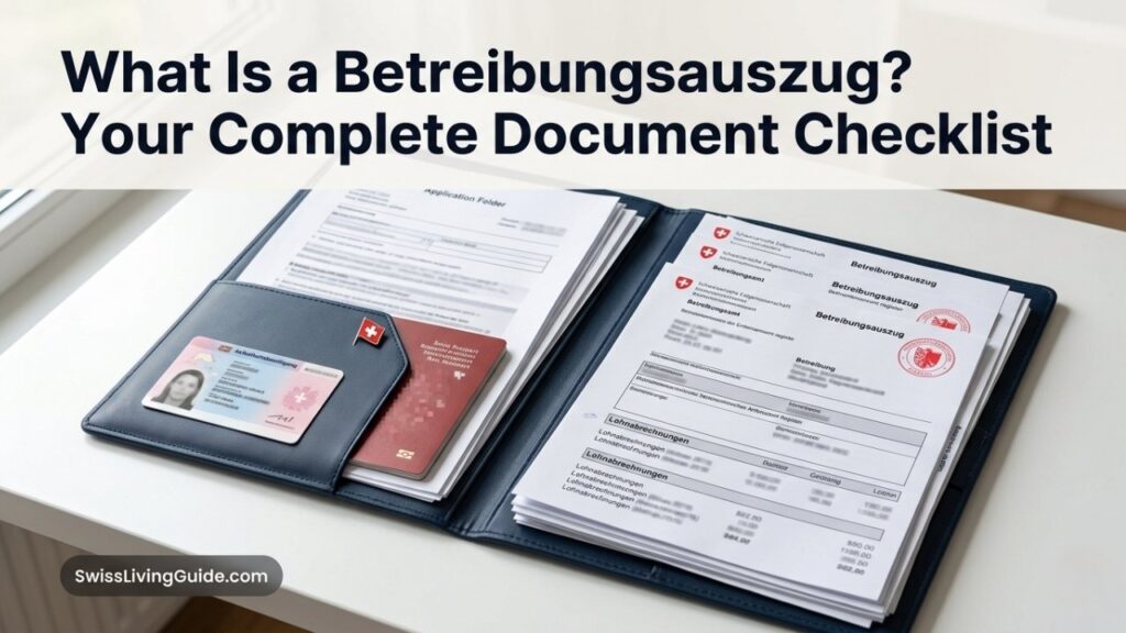 Swiss rental application documents including Betreibungsauszug and residence permit