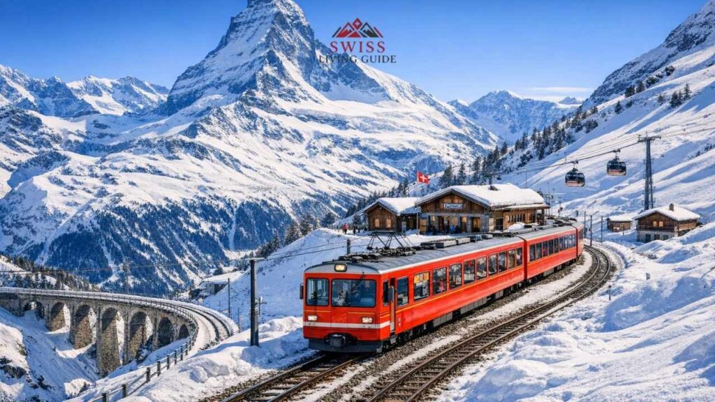 Red Swiss train traveling through snowy mountains and scenic alpine landscape
