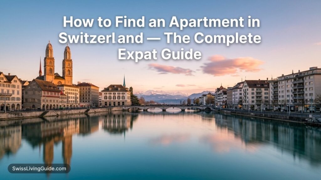 Zurich cityscape along Limmat River with Alps at sunset for expat apartment guide Switzerland