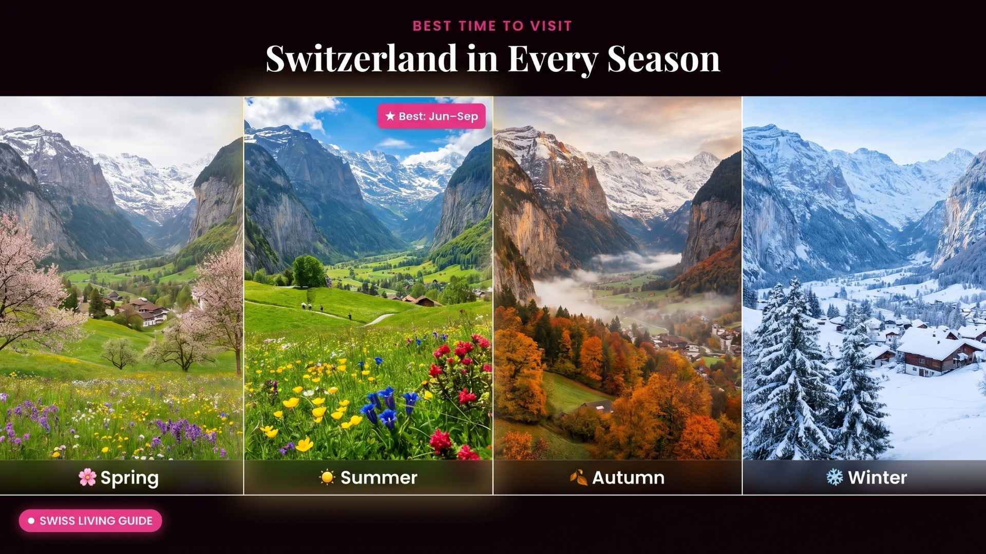 Seasonal section image — showing Switzerland across all four seasons in one frame