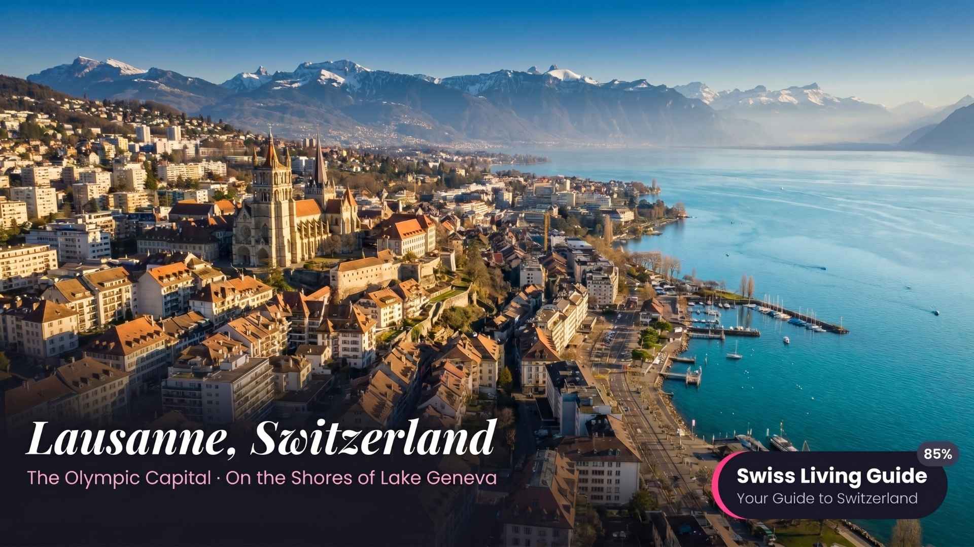 Aerial panoramic view of Lausanne Switzerland and the surrounding Lake Geneva region.