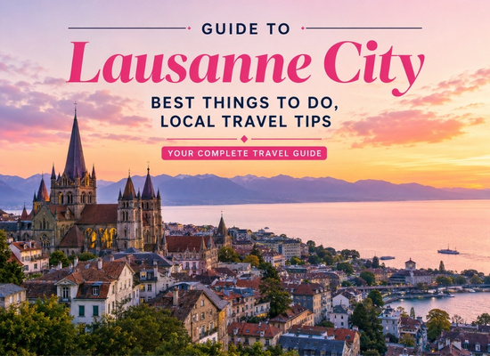 Scenic panoramic view of Lausanne city overlooking Lake Geneva with the Swiss Alps at sunset.