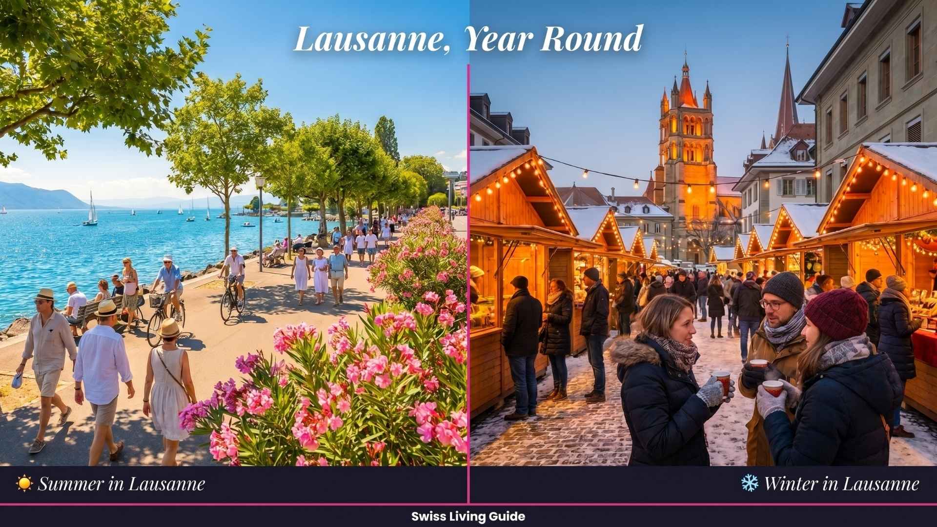 Seasonal views of Lausanne featuring summer lake scenery and winter charm.