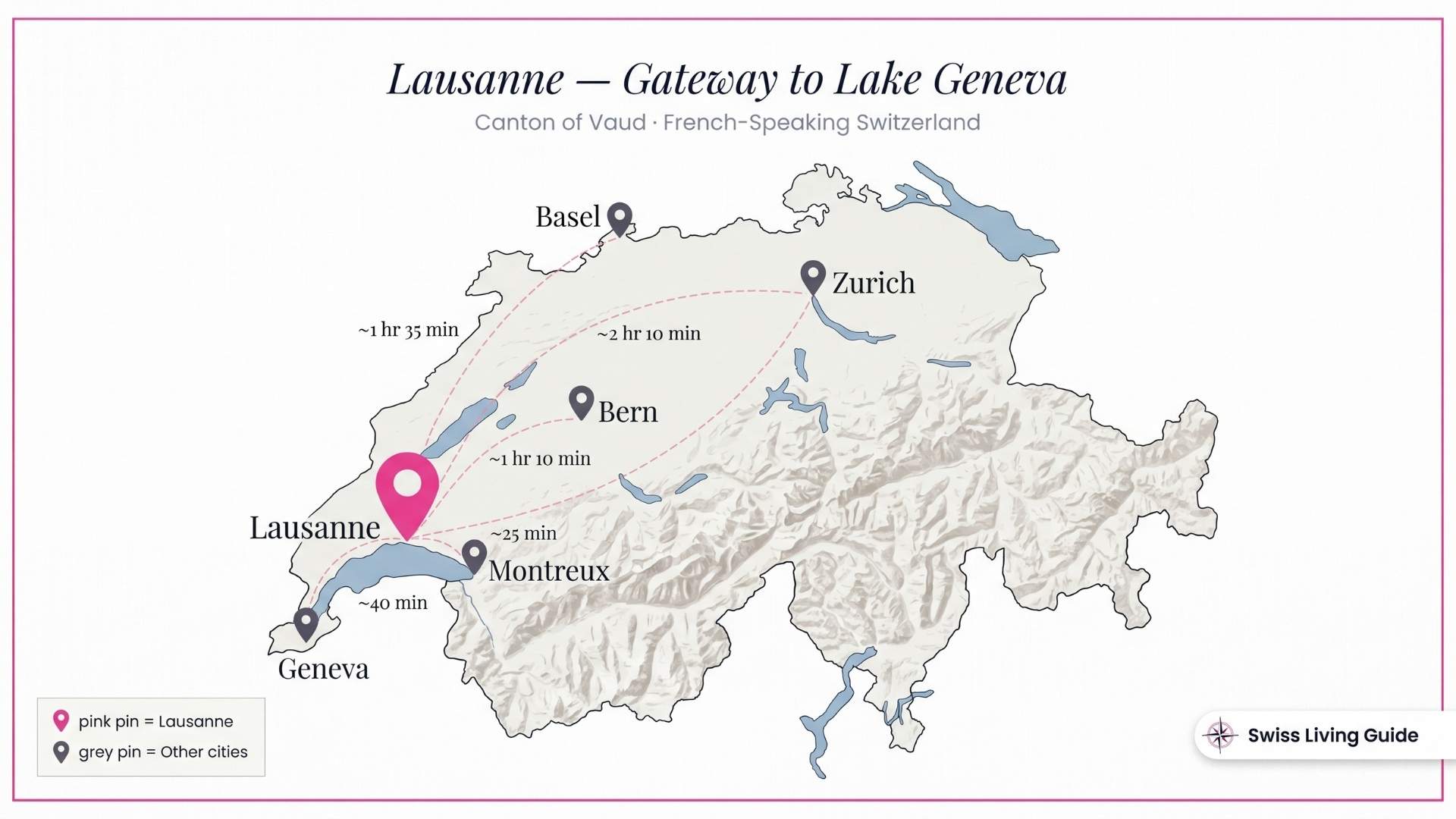 Map showing the location of Lausanne in western Switzerland near Lake Geneva.