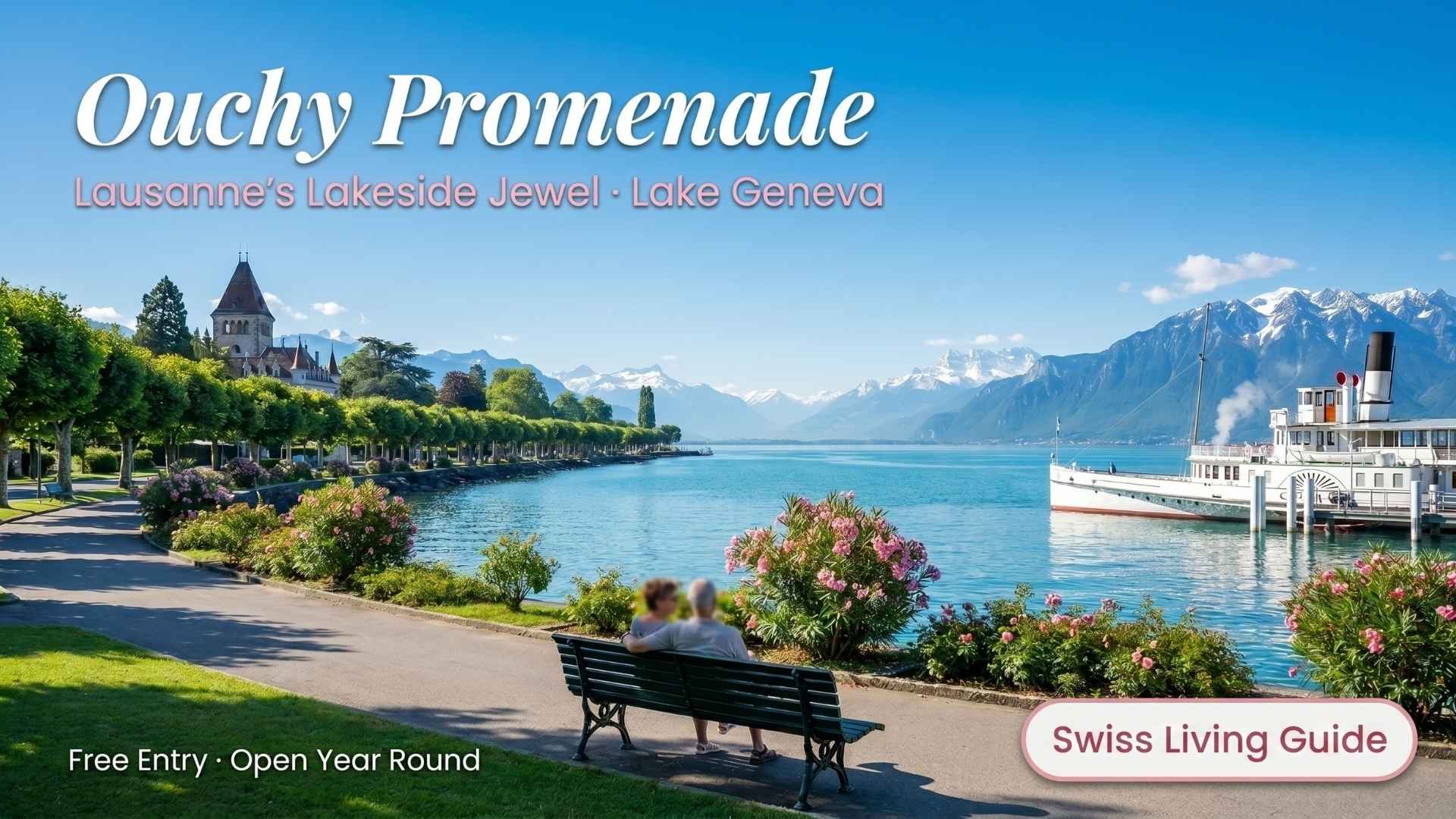 Beautiful lakeside promenade in Ouchy Lausanne beside Lake Geneva.