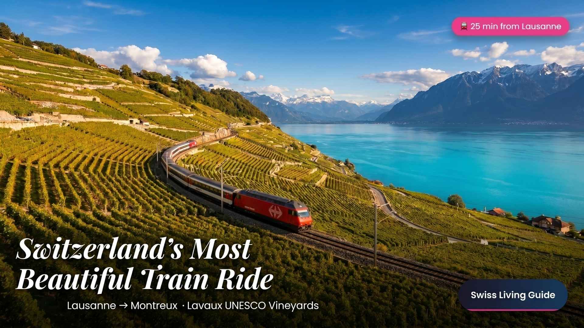 Scenic train journey along Lake Geneva near Lausanne and Montreux.