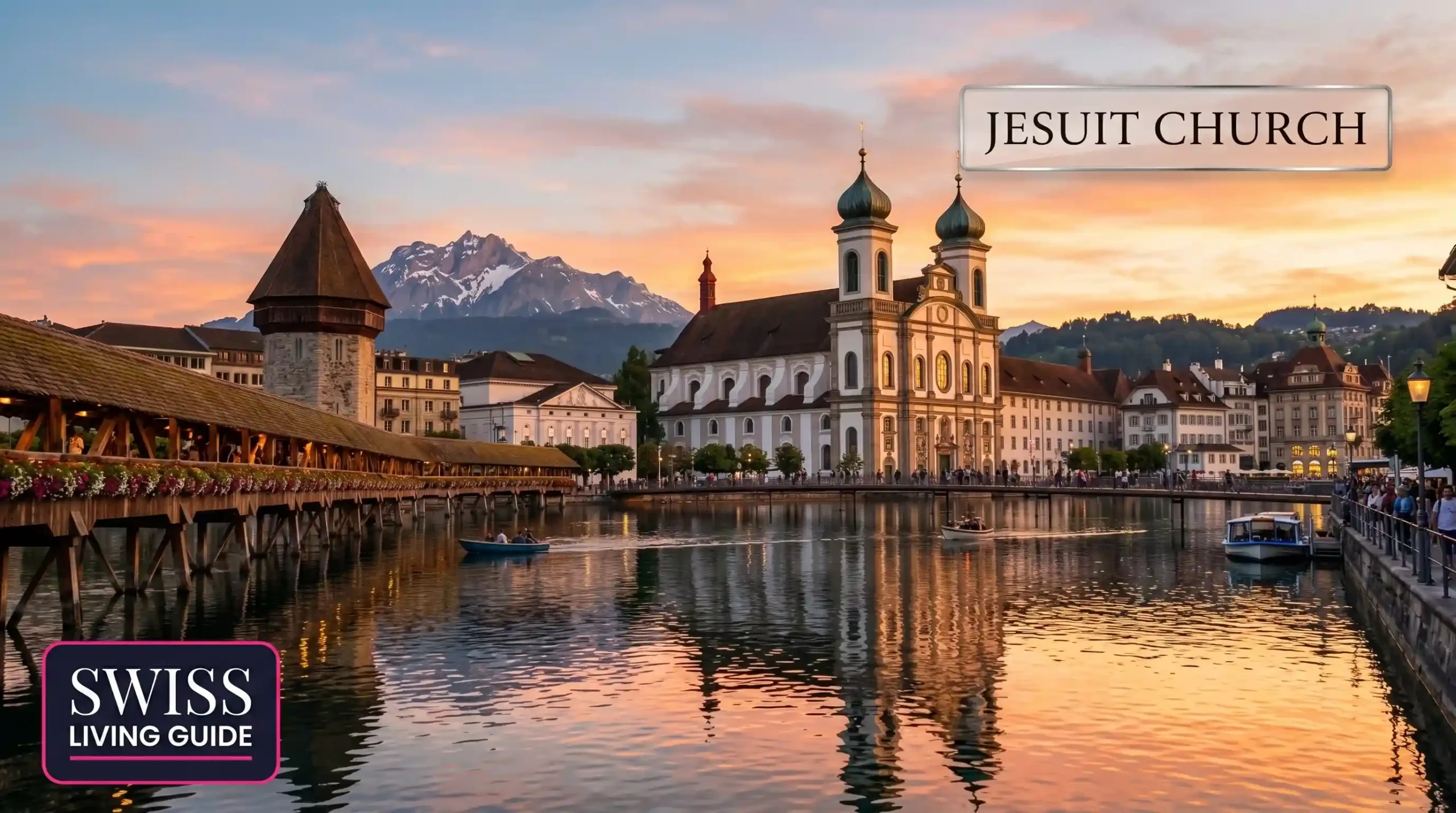 Baroque Jesuit Church along the Reuss River with elegant architecture and waterfront reflections