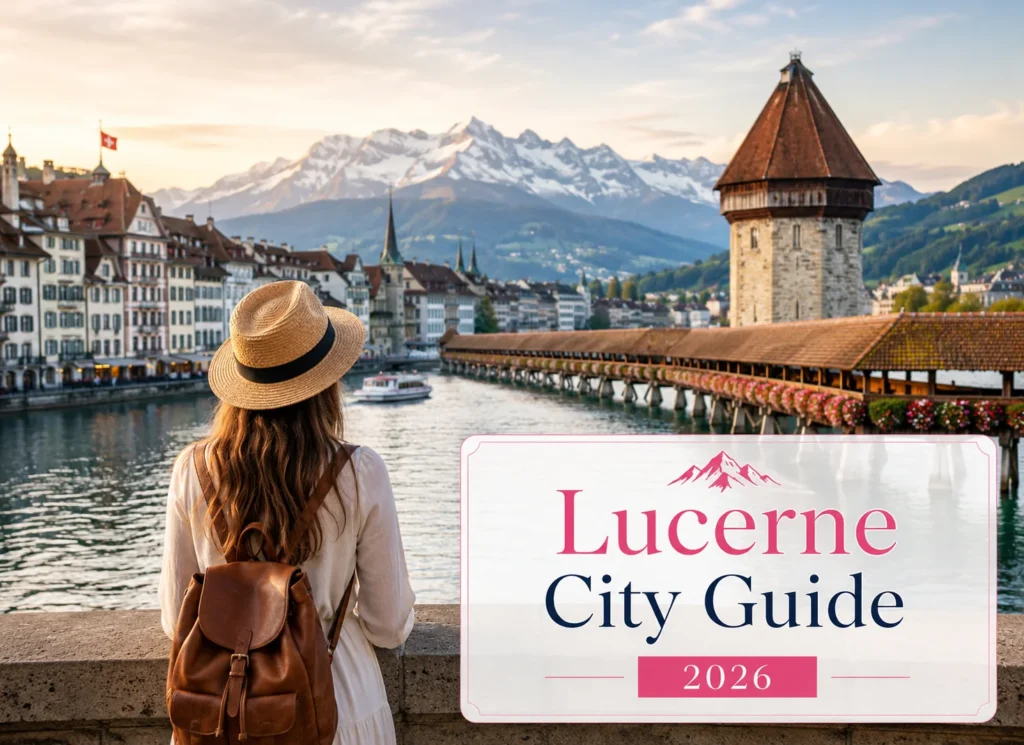 Traveler overlooking Chapel Bridge, Lake Lucerne, and the Swiss Alps at sunset for the Lucerne City Guide 2026.