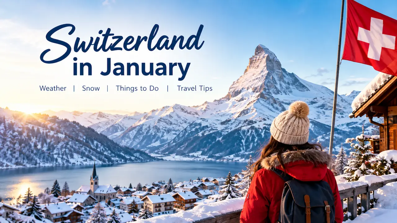Snowy Alpine mountains and a Swiss lakeside village in January, with a traveler in a red coat overlooking the winter landscape.